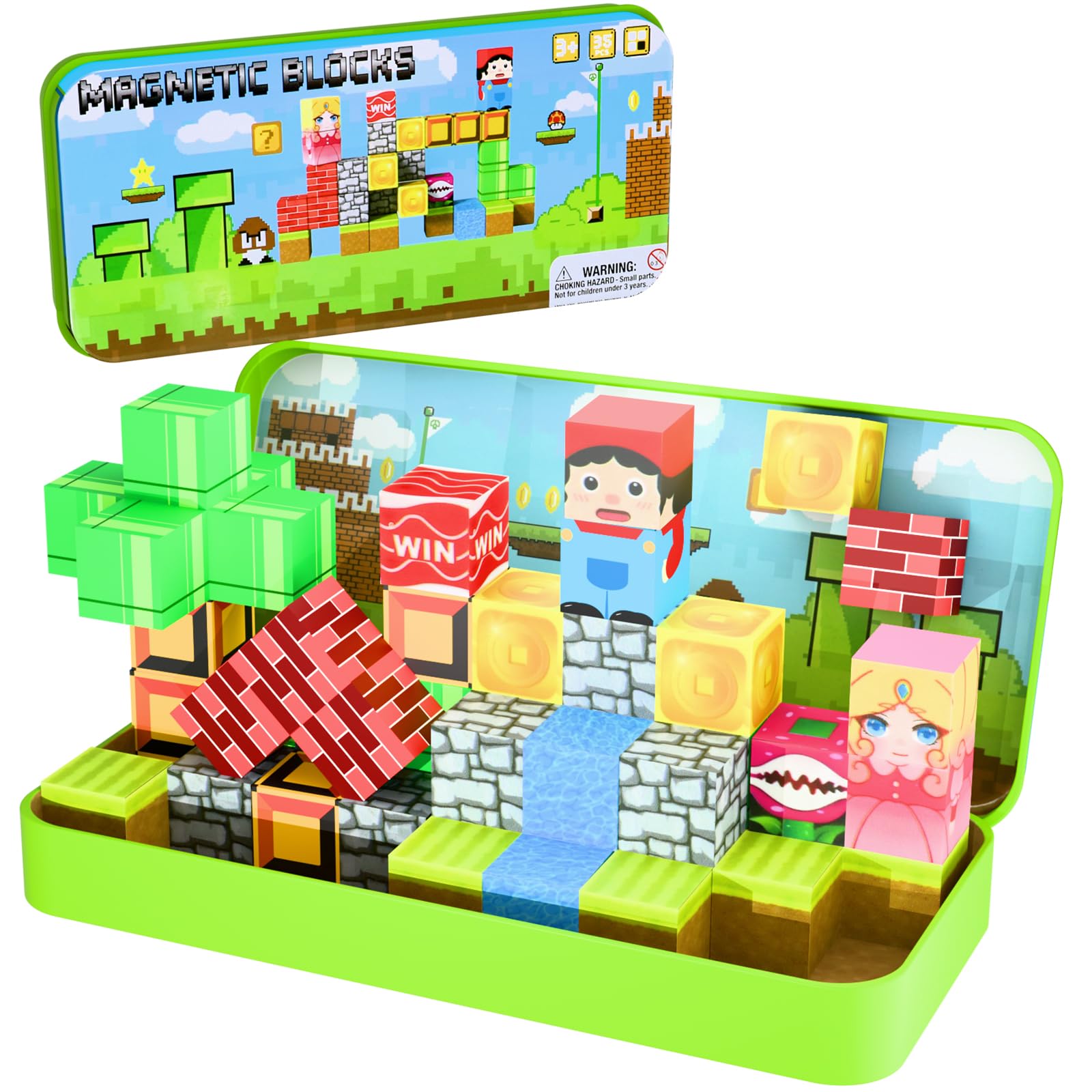 JUBSKIE Mini Magnetic Blocks with Metal Tin, Forest Travel Toys for Kids Ages 4-8, Toddler Stem Learning Set, Portable Building 