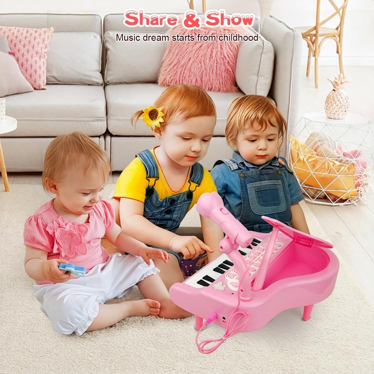 Love&Mini Pink Piano Toys for 1+Years Old Girls First Birthday Gifts Toddler Piano Music Toy Instruments with 24 Keys and Microp