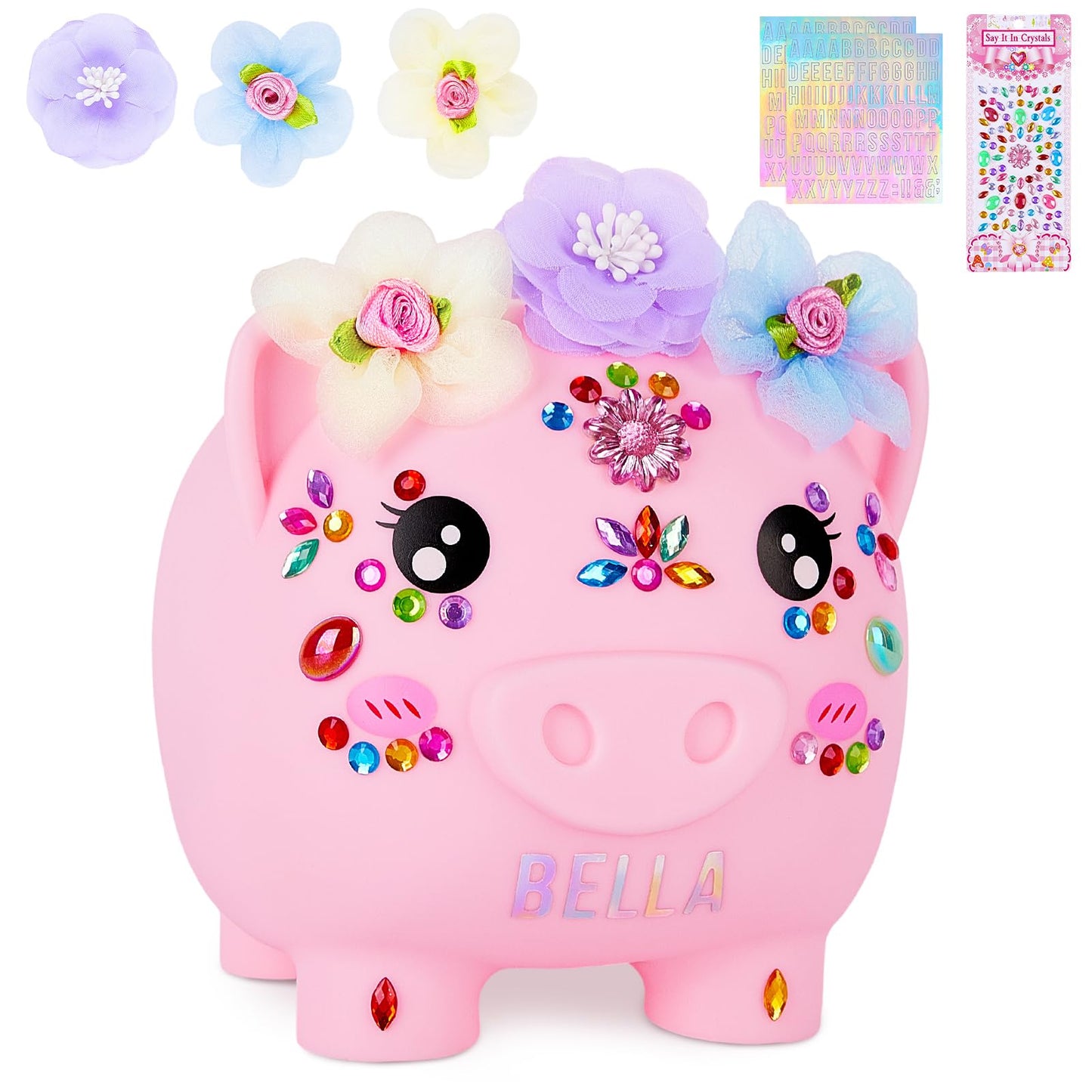 Piggy Bank For Kids Girls, Unbreakable Money Saving Bank With Flower Alphbet Sticker To Diy Piggy Money Bank