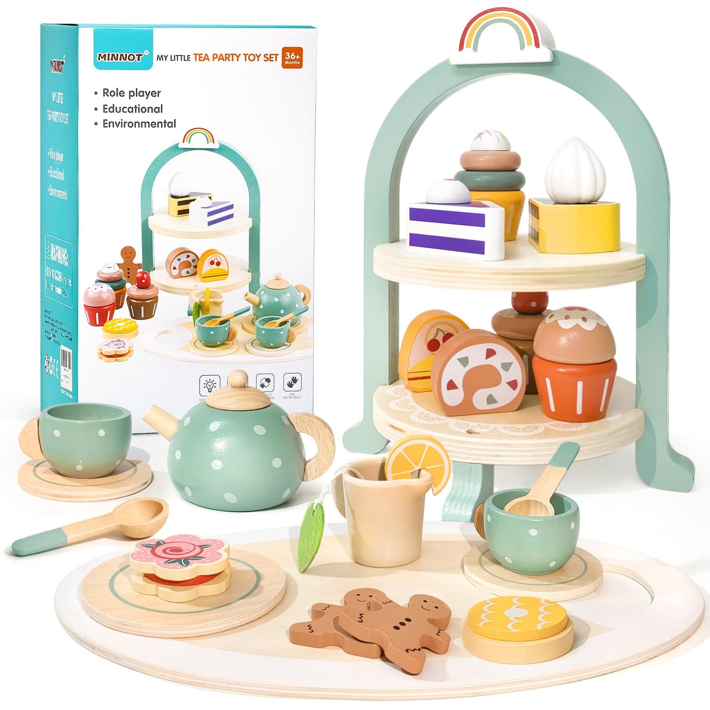 Tea Party Set for Little Girls with Cupcake Stand, Wooden Tea Set Toys for Girls Age 3 4 5 6 7 Year Old, Toddler Kids Kitchen Pr