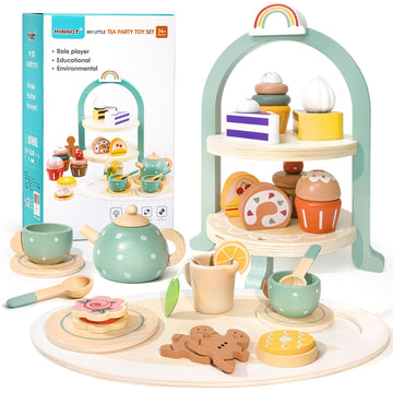 Tea Party Set for Little Girls with Cupcake Stand, Wooden Tea Set Toys for Girls Age 3 4 5 6 7 Year Old, Toddler Kids Kitchen Pr
