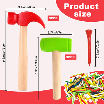 Aihsumc 10 Pcs Kids Wooden Hammer Toy With 100 Pcs Colorful Wood Golf Tees, Small Plastic Hammer Simulation Hammers Educational