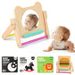 Ieatfo Rotating Baby Safe Mirror With 120 Pages Visual Stimulation Cards - Wooden Tummy Time Mirror Toys - Black White Red And C