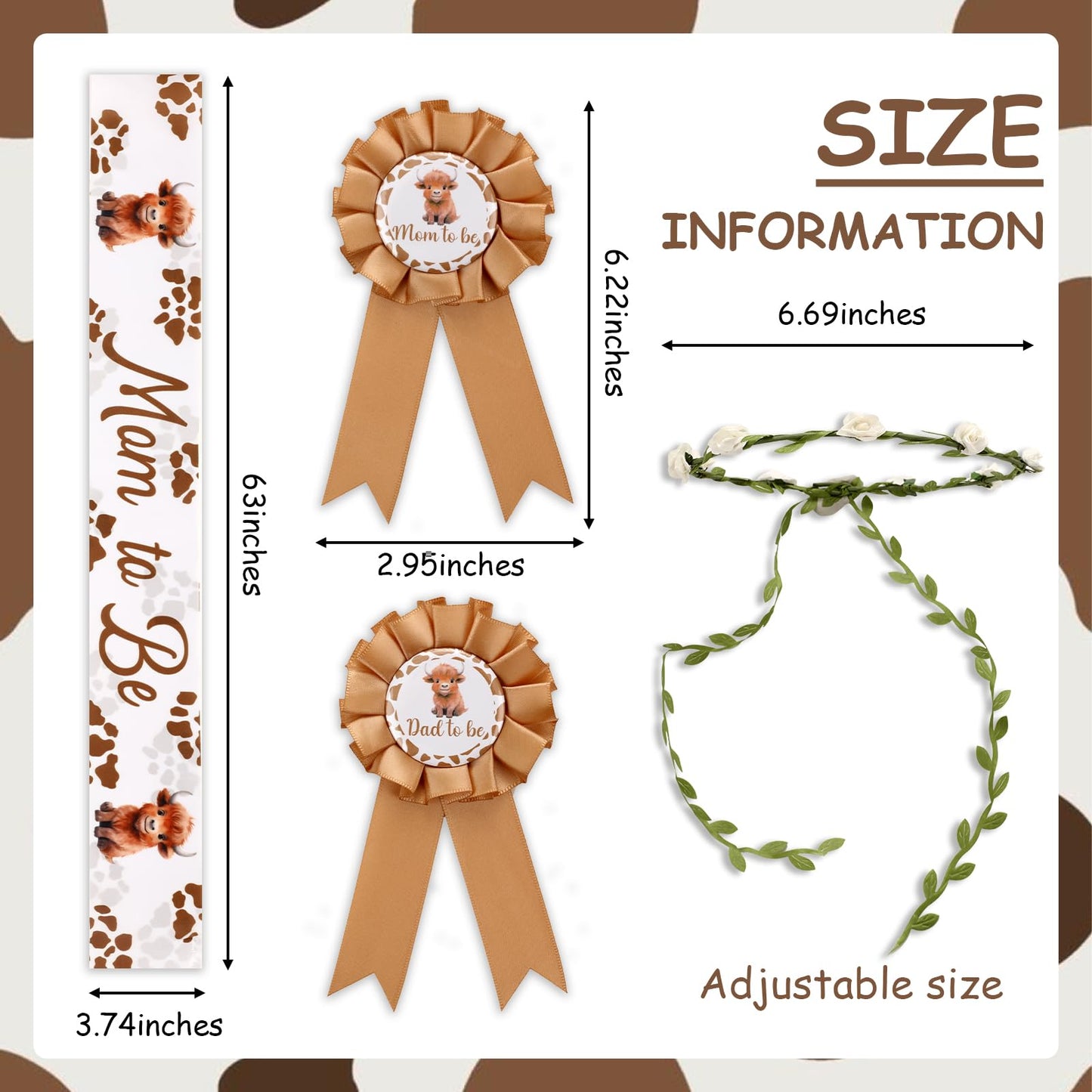 Serencatcher Highland Cow Mom to Be Sash, Highland Cow Baby Shower Favors Include Brown Mom Dad to Be Pin Sash Flower Crown Head