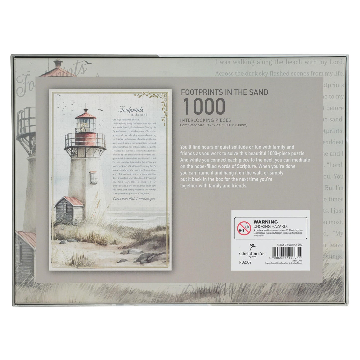 Christian Art Gifts 1000 Piece Jigsaw Puzzle - Footprints in The Sand, Multicolored, Cardboard, Family Activity Game, Model PUZ069
