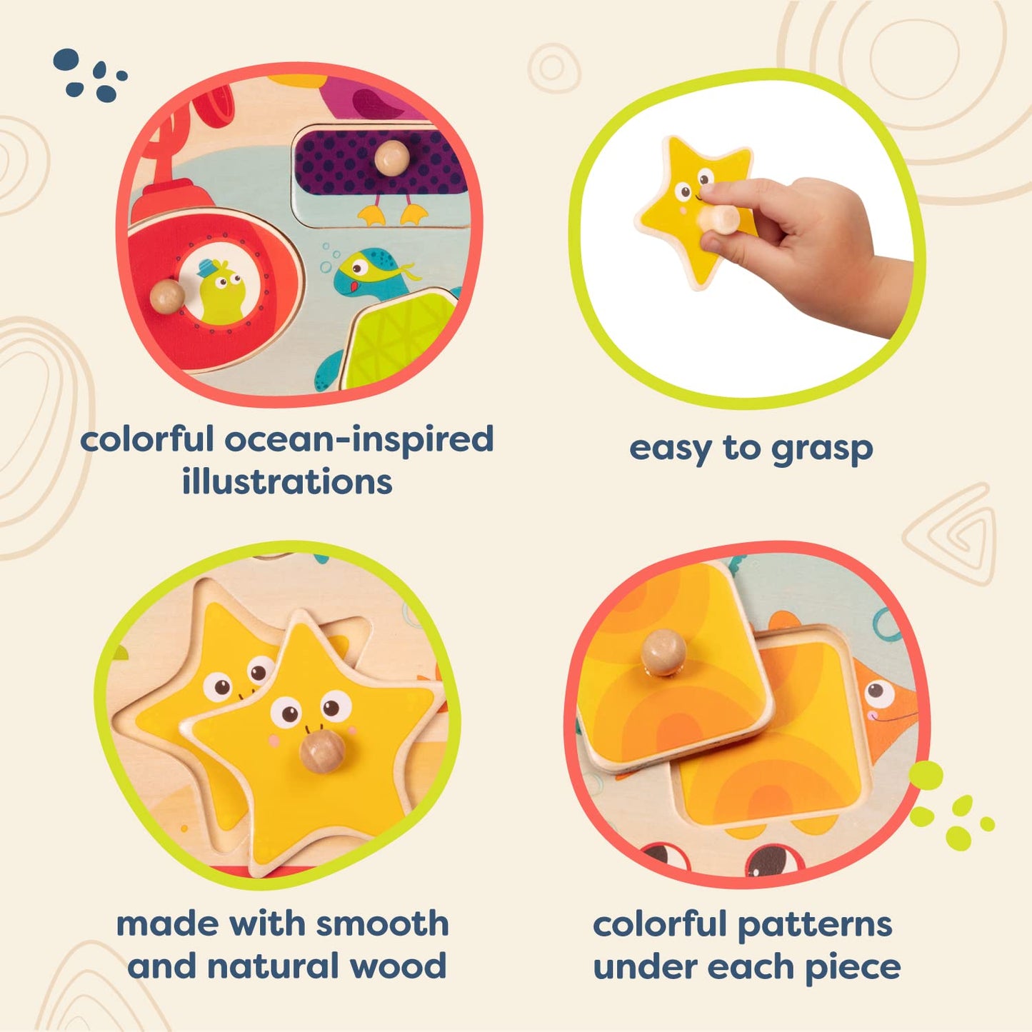 B. Toys- Sea Treasures- Wooden Peg Puzzle – Sea Animals Puzzle – Ocean Peg Puzzle For Toddlers, Kids – 8 Chunky Pieces – 18 Months +