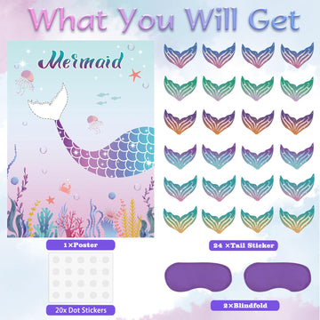 Pin The Tail On The Mermaid Party Game With 24 Pcs Tails For Kids Girls Birthday 21'' X 28'' (Mermaid)