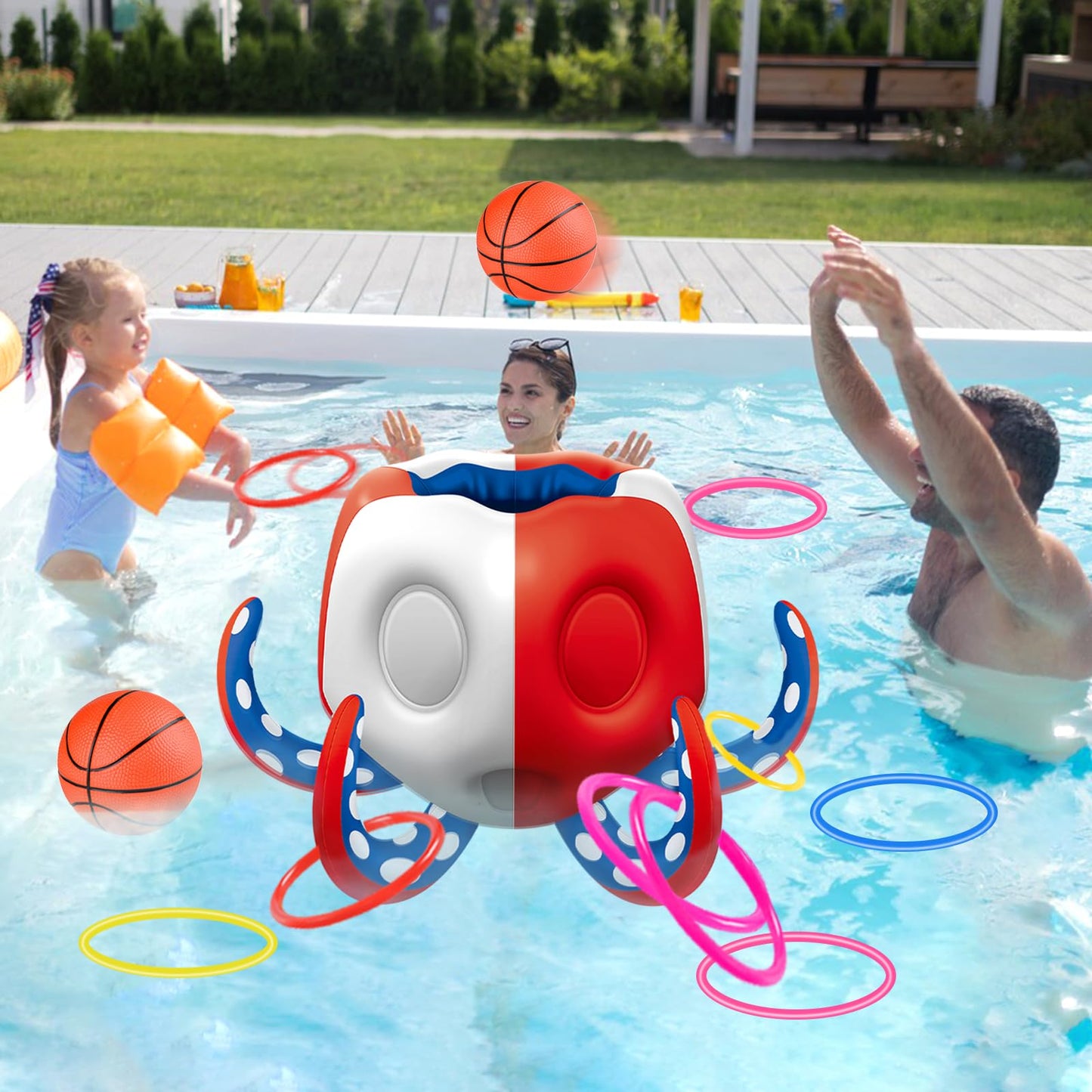 Octopus Pool Toys, 2-In-1 Kids Inflatable Basketball Hoop & Ring Toss Yard Games, Family Party Indoor Outdoor Water Play, Cool S