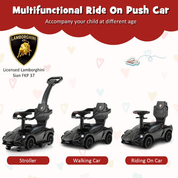 Infans 3 In 1 Ride On Push Car, Licensed Lamborghini Baby Stroller Sliding Walking Car With Push Handle, Music, Usb, Headlight, Under Seat Storage, Kids Foot-To-Floor Toy For 18-60 Months (Black)