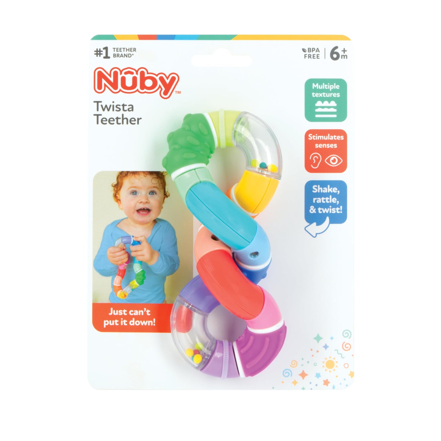 Nuby Twista Teether Toy for Babies - Multicolor Rattle Teething - Toy for Baby Teething Relief - 6+ Months