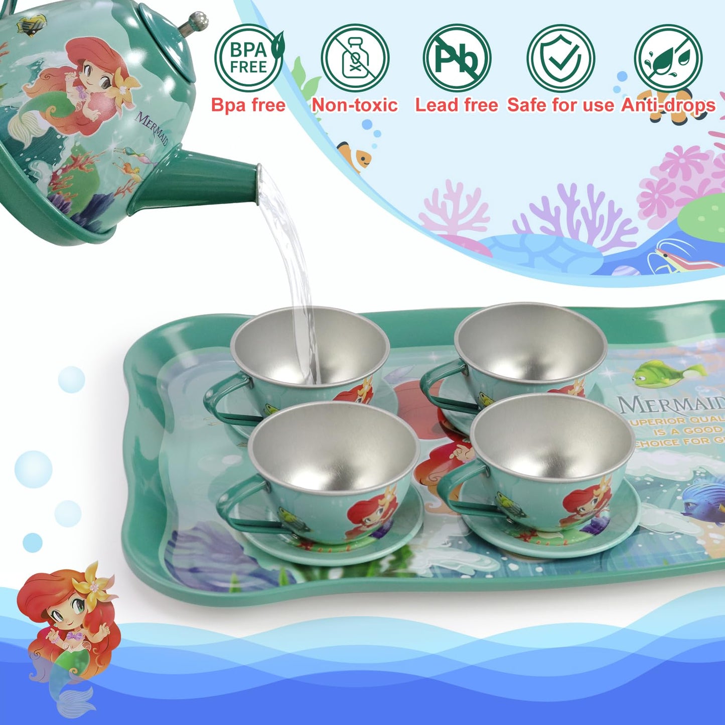 Motiloo 48 Pcs Mermaid Kids Tea Party Set with Carrying Case & Sweet Treats Playset - Pretend Toy Tin Tea Set for Little Girls -