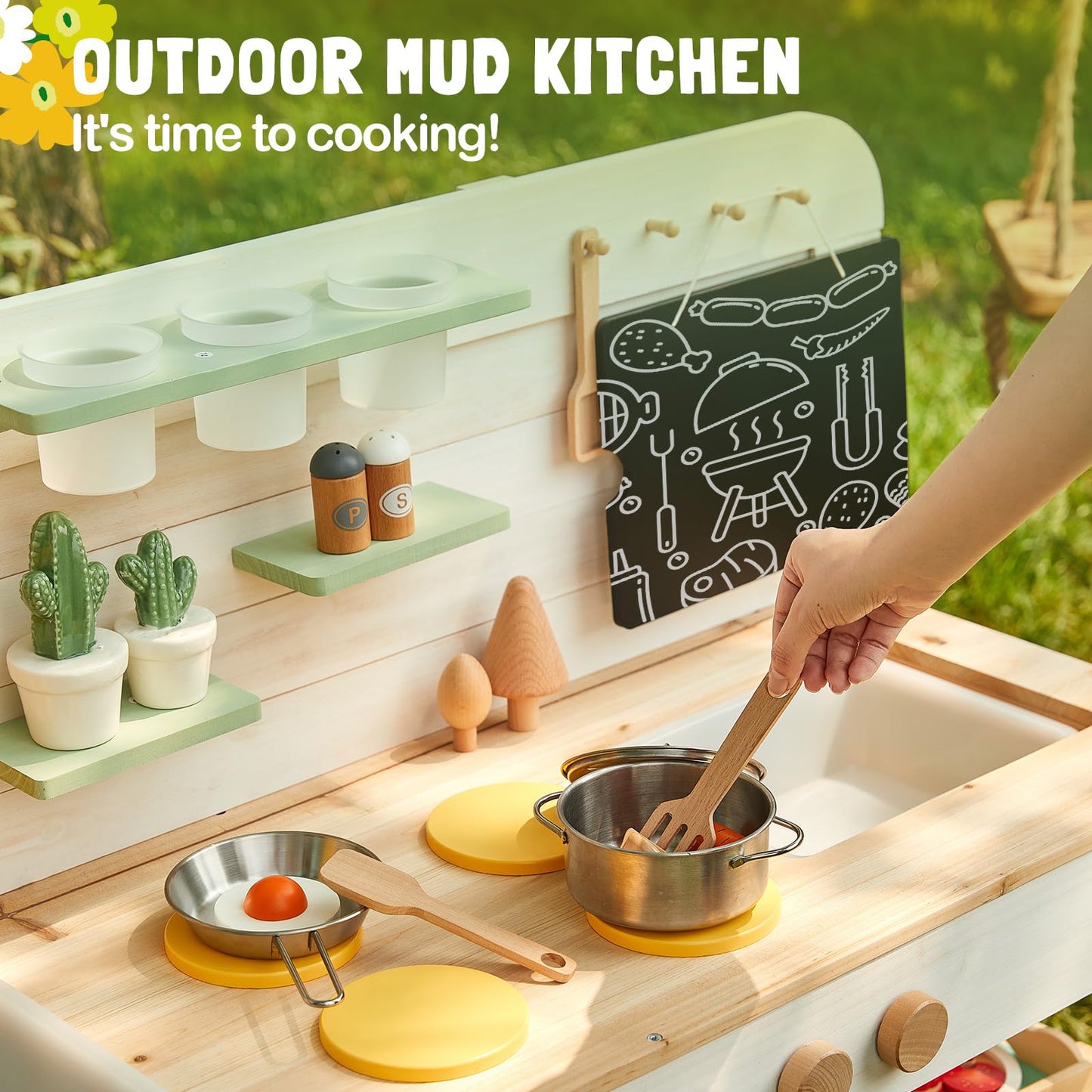 Giant Bean Mud Kitchen For Kids Outdoor, Deluxe Wooden Toy Play Kitchen Set, With Sand And Water Sink, Blackboard And Kitchen Ac