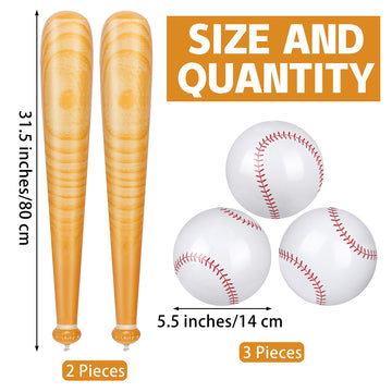 Durony 5 Pieces Inflatable Baseball Set Including 2 Piece 31.5 Inch Baseball Bat Inflates 3 Piece 5.5 Inch Beach Baseball Sports