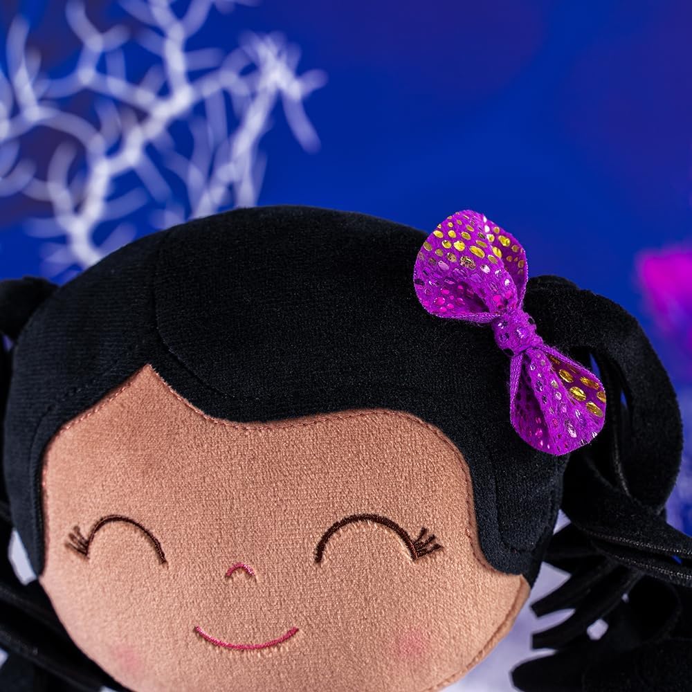 Gloveleya Soft Dolls Plush Figure Brown Skin Glitter Purple Dress Baby Doll Gift 12Inches