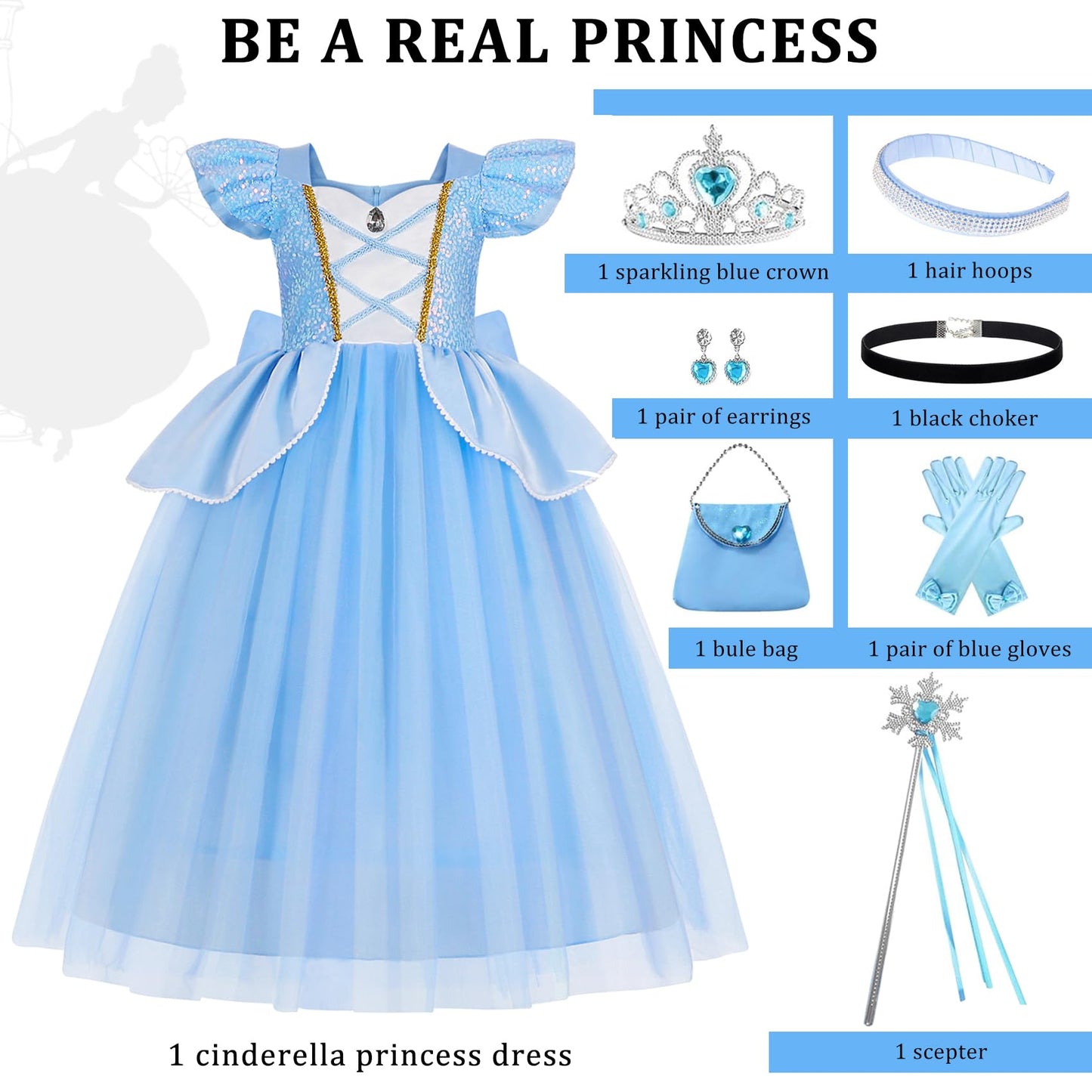 Wyb Girls Princess Costume Dresses Blue Princess Dress Up Clothes With Accessories For Halloween Cosplay Carnival Party