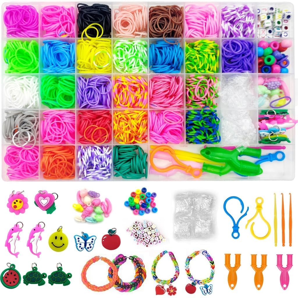 Tryv 2500+ Pcs Rubber Band Loom Kit For Kids Girls Boys | Rainbow Diy Bracelet Making Craft Set W Alphabet Beads Charms & Braidi