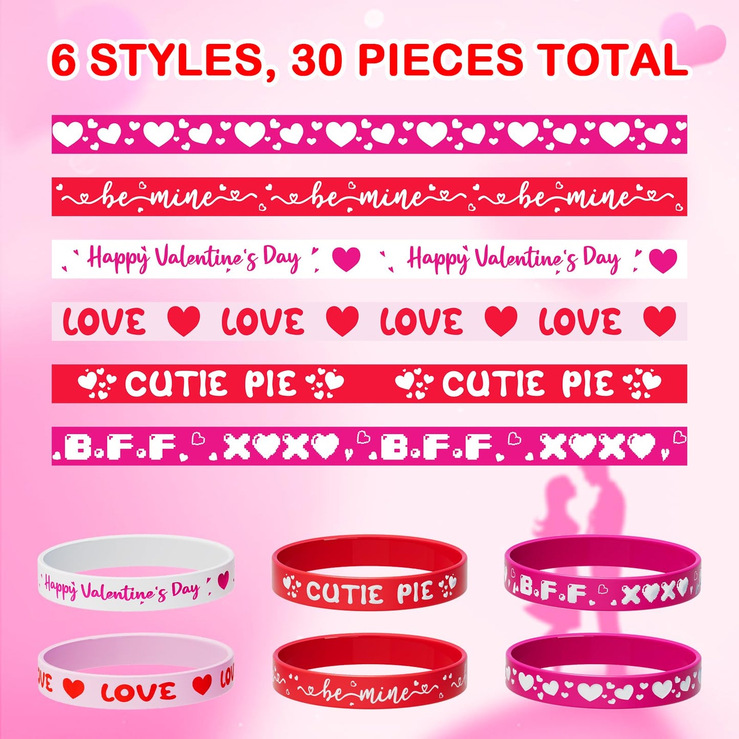 Valentine's Day Rubber Bracelets Bulk - 30PCS Valentines Day Gifts for Kids Valentines Party Favors Supplies Silicone Wristbands