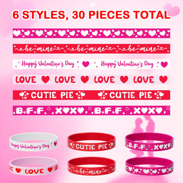 Valentine's Day Rubber Bracelets Bulk - 30PCS Valentines Day Gifts for Kids Valentines Party Favors Supplies Silicone Wristbands