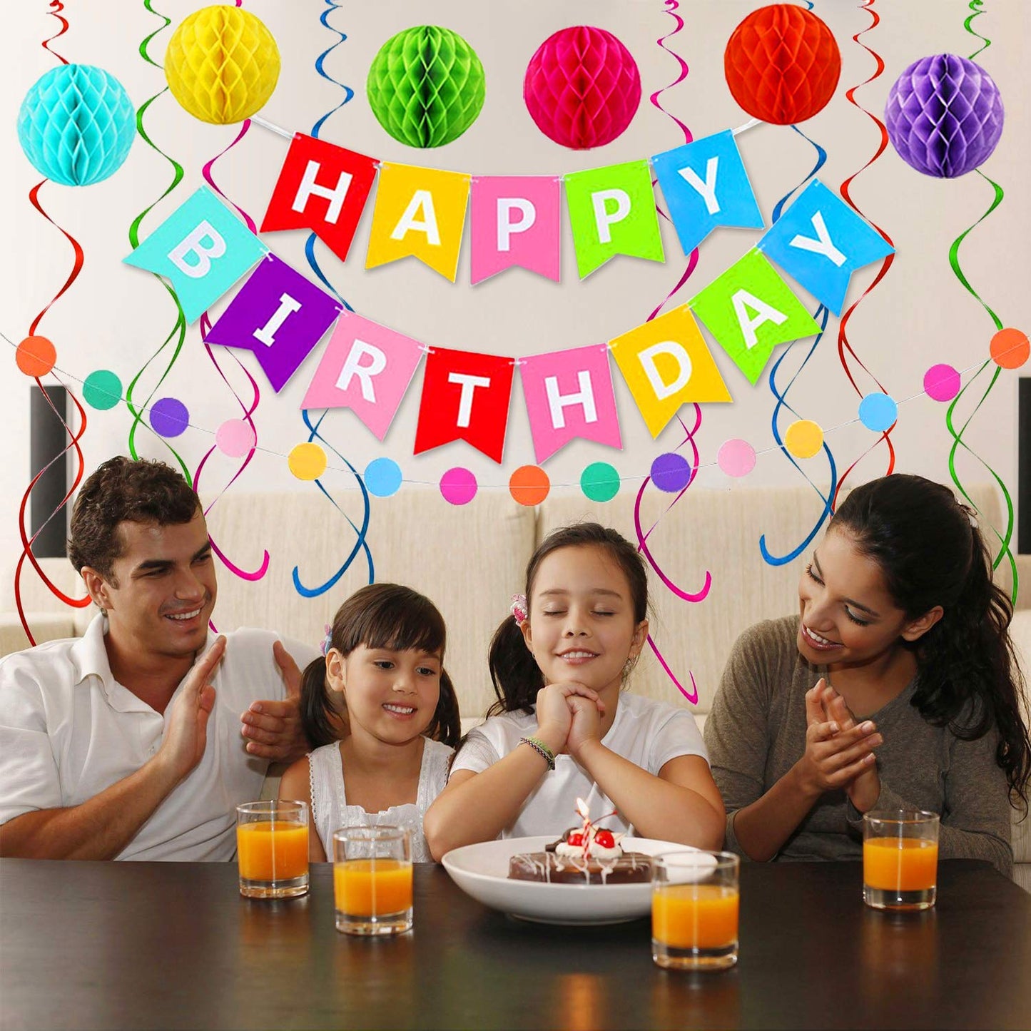 Happy Birthday Banner, Rainbow Birthday Banner, 6 Honeycomb Balls, 8 Metallic Hanging Swirls And Circle Parper Garland, Happy Birthday Decorations