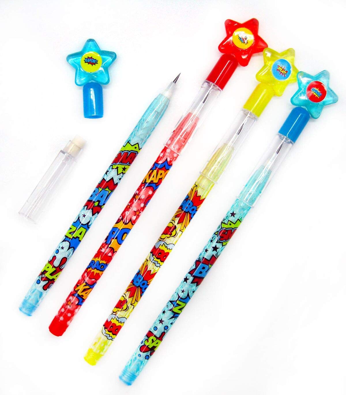 Tiny Mills 24 Pcs Superhero Text Multi Point Stackable Pencil with Eraser for Superhero Birthday Party Favor Prize Carnival Good