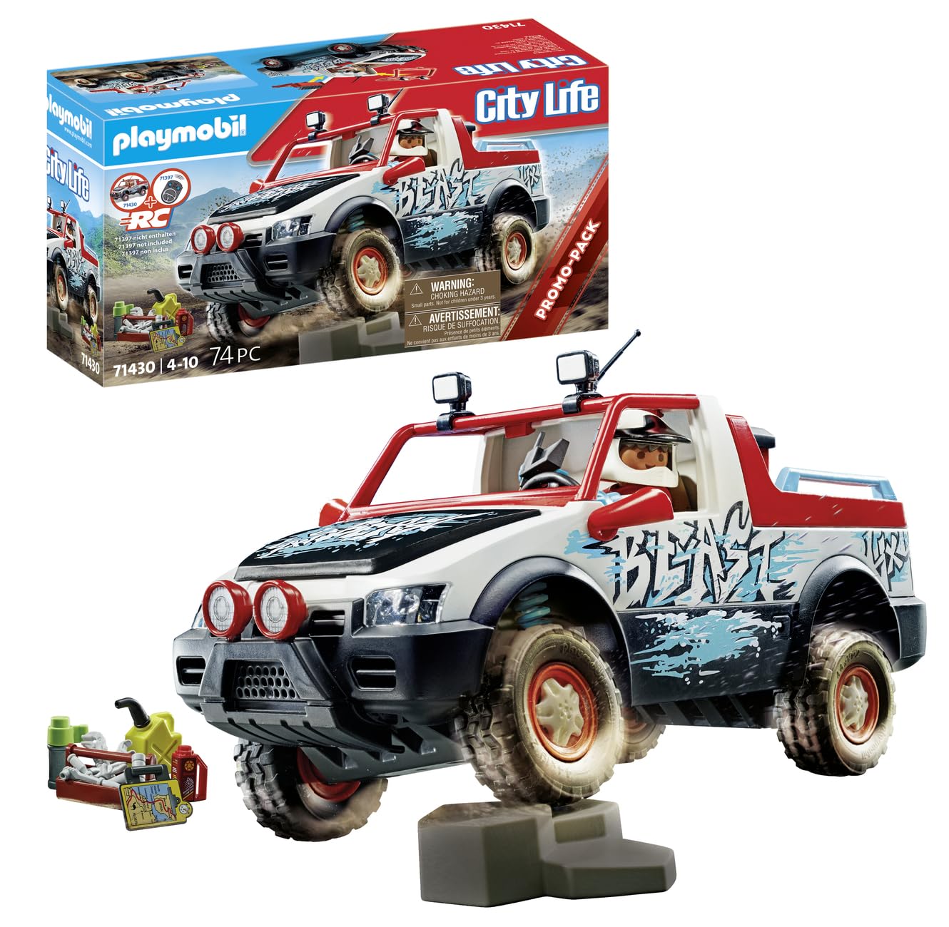 Playmobil Rally Car Toy Playset - 74 Piece Bundle Including Stuntman Mini Figure - Movable Axle and Removable Roll Bar to Insert