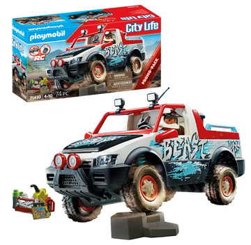 Playmobil Rally Car Toy Playset - 74 Piece Bundle Including Stuntman Mini Figure - Movable Axle and Removable Roll Bar to Insert