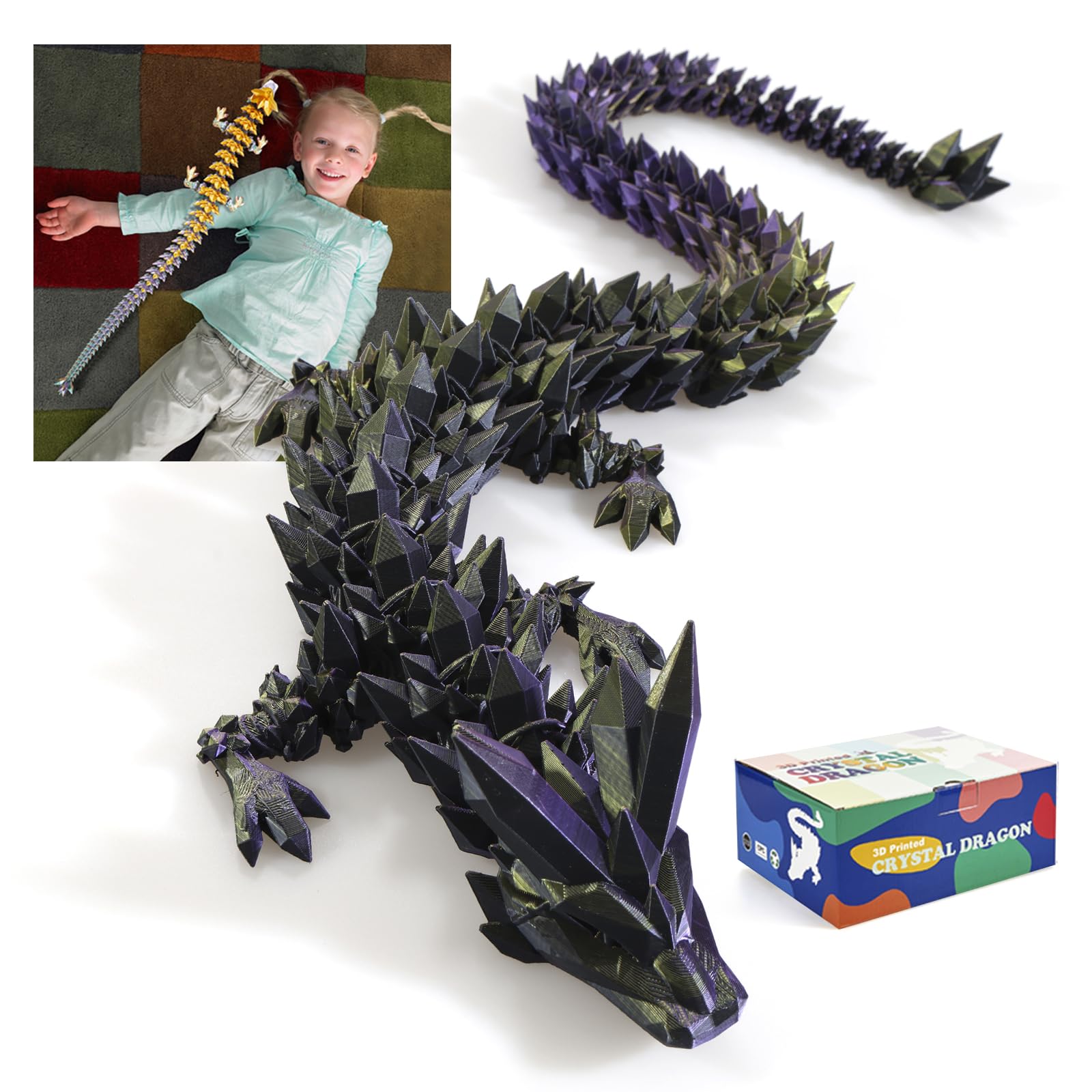 Meet Gladness 30 In 3D Printed Dragon, 30Inch Dragon,3D Dragon Toy,Large Dragon Present,Ariculated Crystal Dragon(Black Purple G