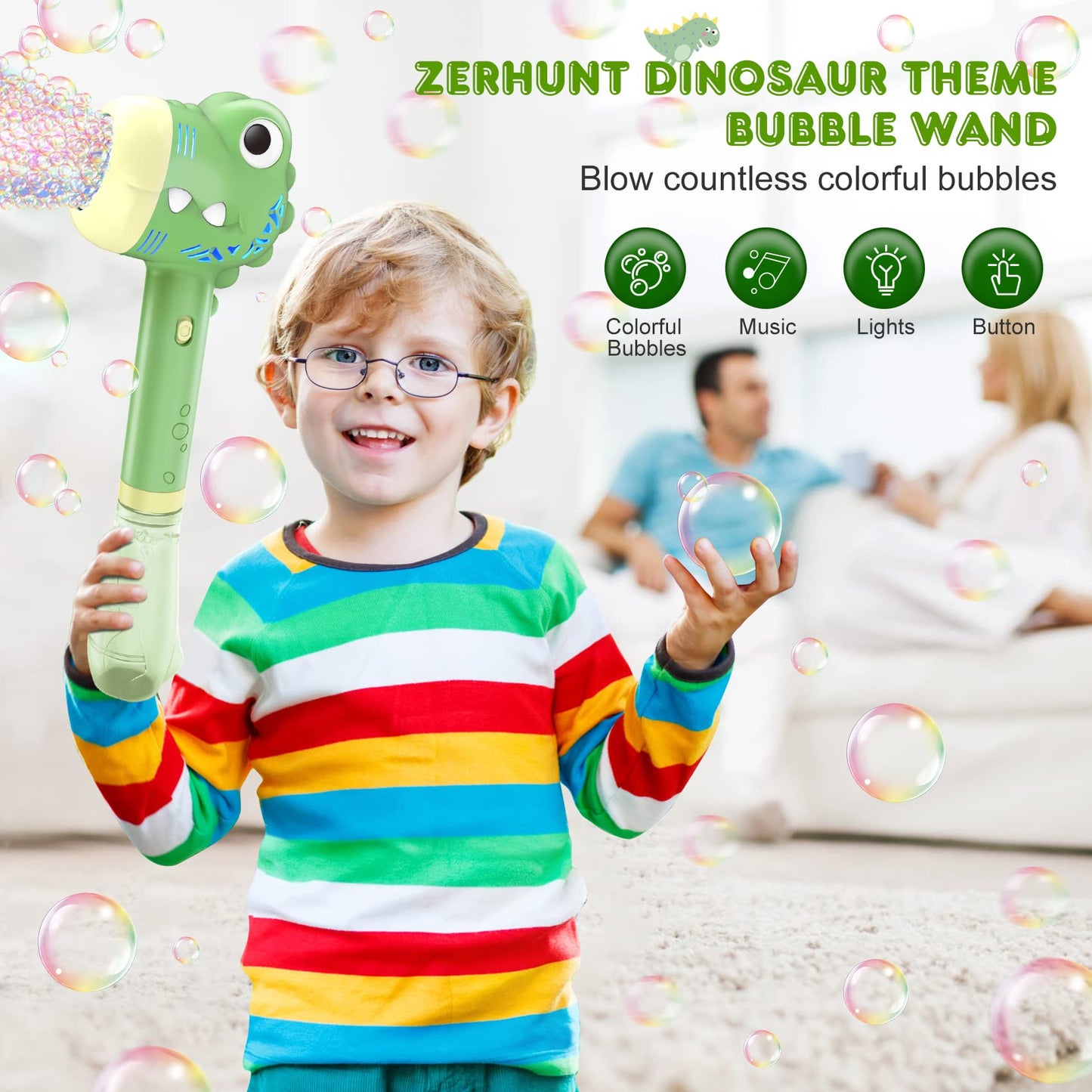 Zerhunt Bubble Machine for Kids - Outdoor Toy, Battery Operated, Acrylic, Dinosaur Color, Perfect for Parties and Gifts
