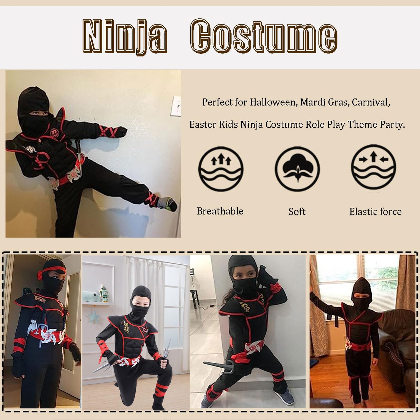 Skyllc Ninja Costume Kids, Boys Ninja Cosplay Set With Accessories - For Role Play Halloween Christmas Party Carnival,Size M