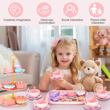 Lajeje 46pcs Kids Tea Party Set for Little Girls - Birthday Gift Toys for 3-8 Year Old Girls - Cute Princess Play Toddlers Tin T