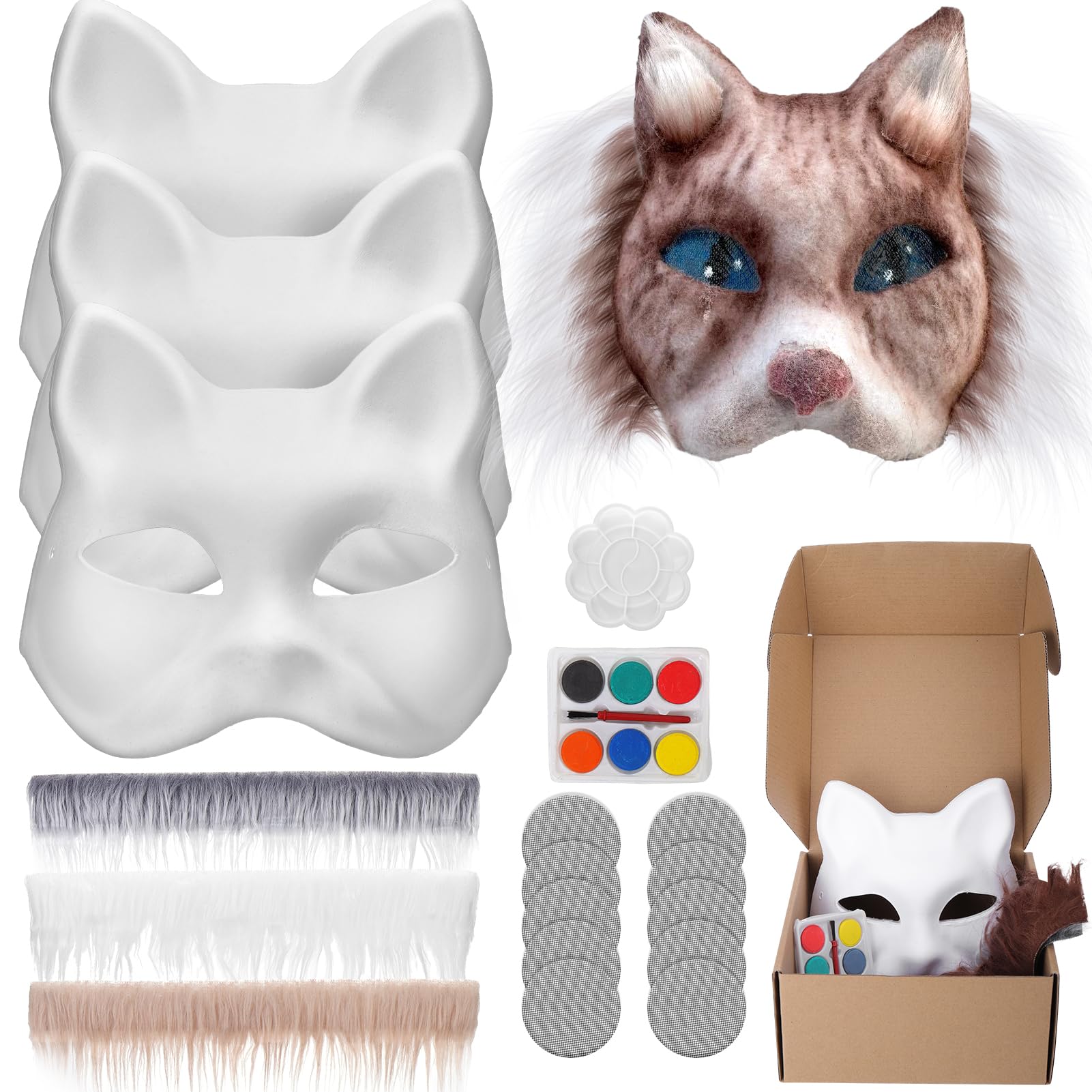 Busoha Therian Mask With Fur And Eye Mesh - 3Pcs Diy Cat Mask Therian Masks To Paint And Felt