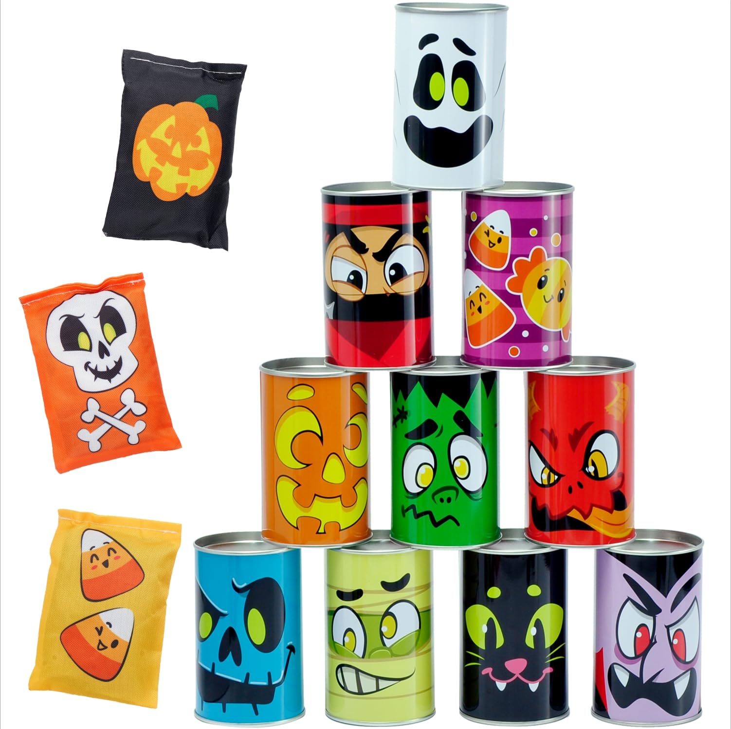 JOYIN 13 Pcs Halloween Carnival Bean Bag Toss Game with Tin Cans and Beanbags for Kids & mature-themeds Indoor Outdoor Carnival Party Games  Birthday Party Game  Halloween Gathering Party Supplies