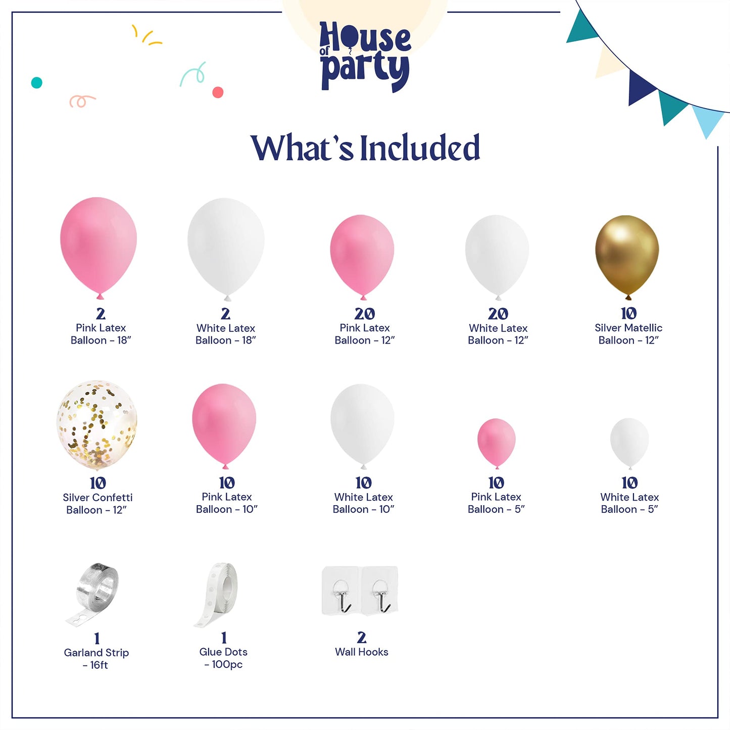 House Of Party Pink Balloons - Silver &Patel Pink Balloons Arch - Pink And White Balloon Garland Kit For Birthday Decorations, B