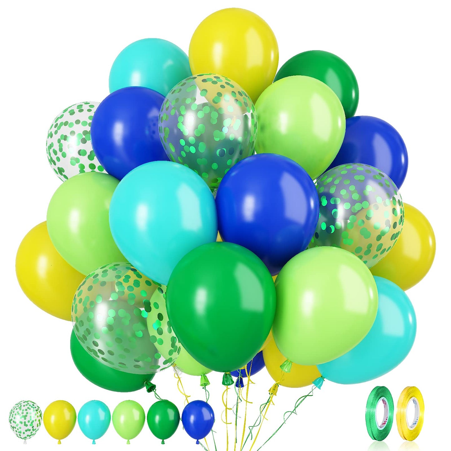 Paready Green And Blue Balloons, 60 Pcs 12 Inch Navy Teal Blue Dark Green Latex Balloons, Teal Yellow Light Green Confetti Ballo