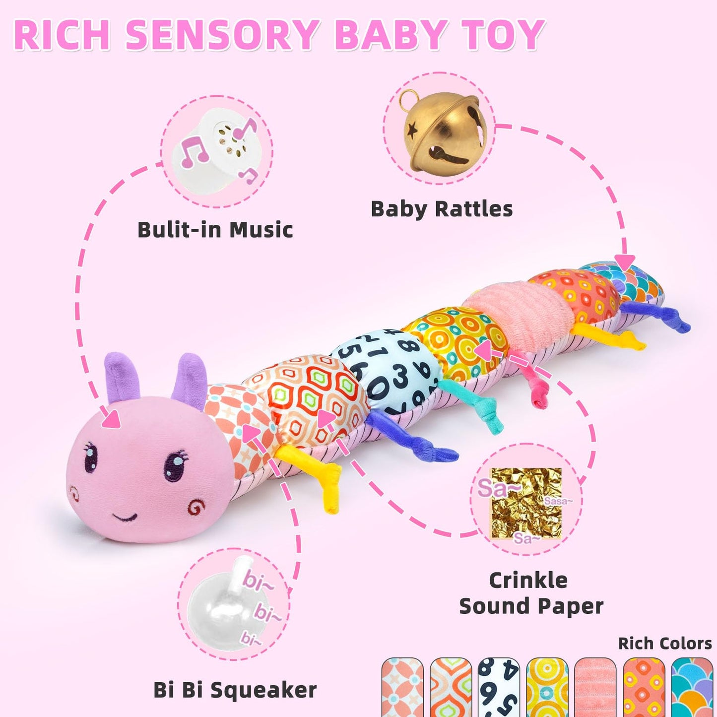 Baby Infant Musical Toy Soft Stuffed Animal Toy With Multi Textures,Rattle,Crinkle,Newborn Baby Toy For 0 3 6 9 12 Months Girls