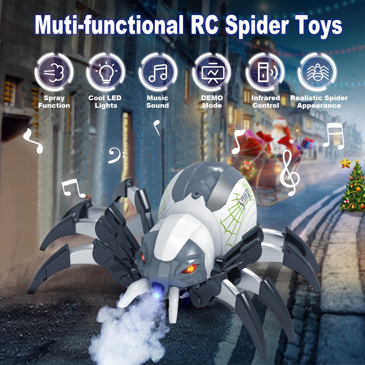 DEERC 128A Remote Control Spider Robot Toy - White, LED Light & Music, Perfect for Kids Halloween Gifts & Pranks
