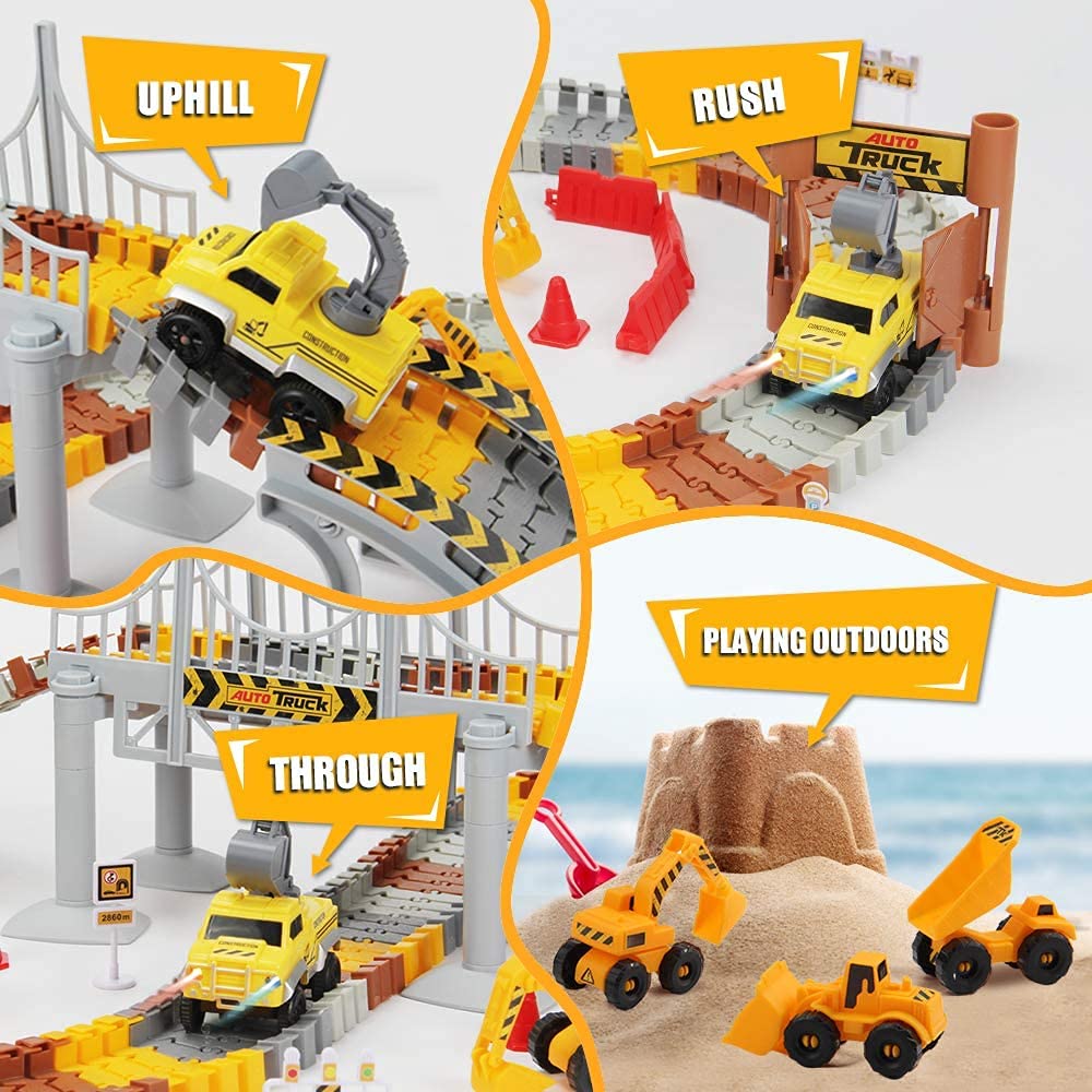 Construction Race Tracks Set, Flexible Train Tracks w/ 2 Electric Construction Race Vehicles w/Lights, STEM Engineering Race Tra