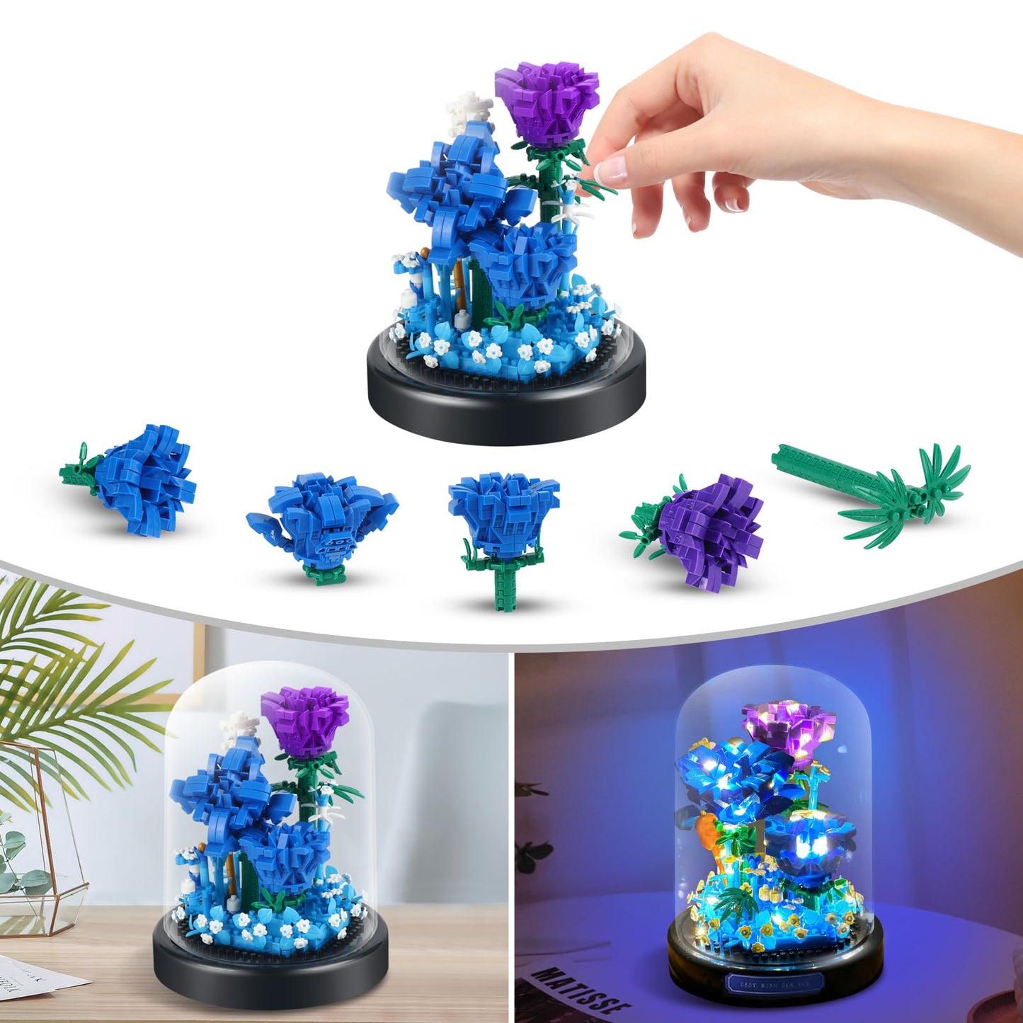 ZQJKLE Blue Rose Bouquet Building Set with LED Light, 630 Pcs, Perfect Gift for Mother's Day, Valentine's, Birthday, Christmas