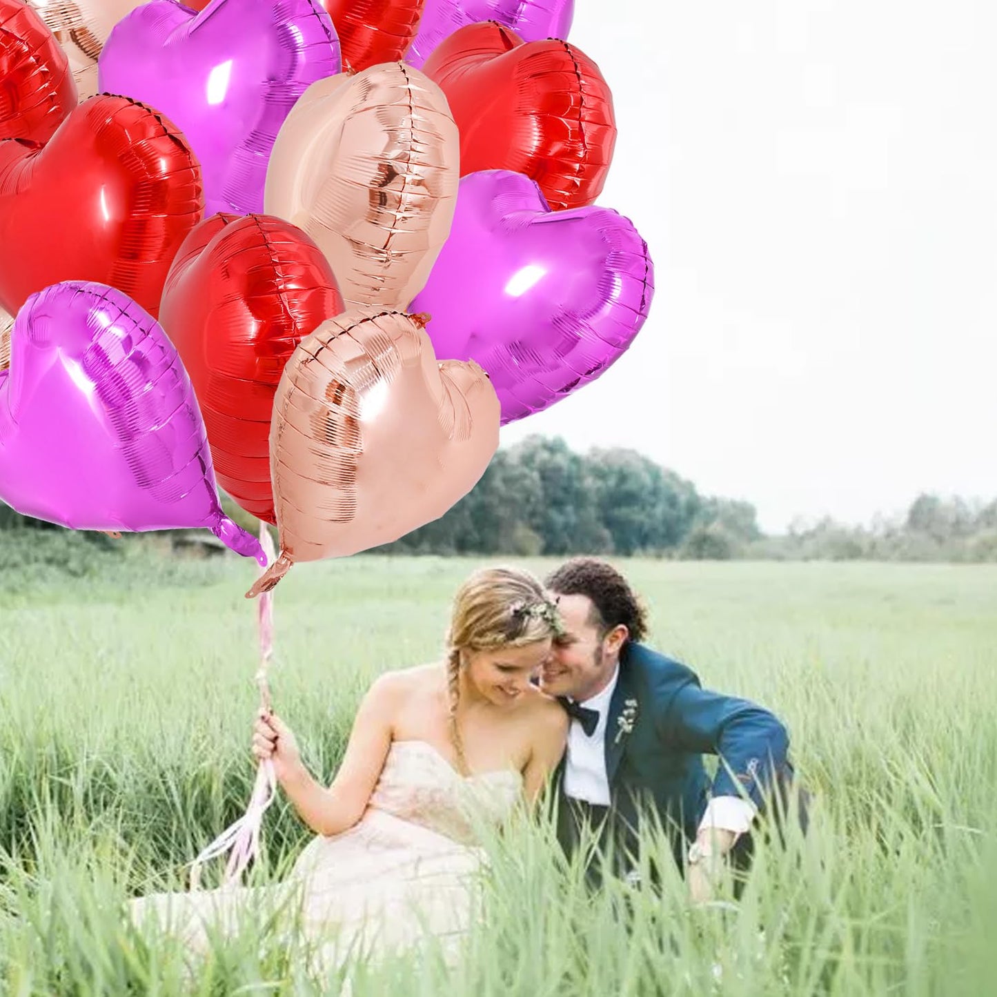 TONIFUL 30Pcs 18 Inch Heart Balloons Red Hot Pink Rose Gold Valentines Day Heart Shape Foil Mylar Balloons Decoration for Valent
