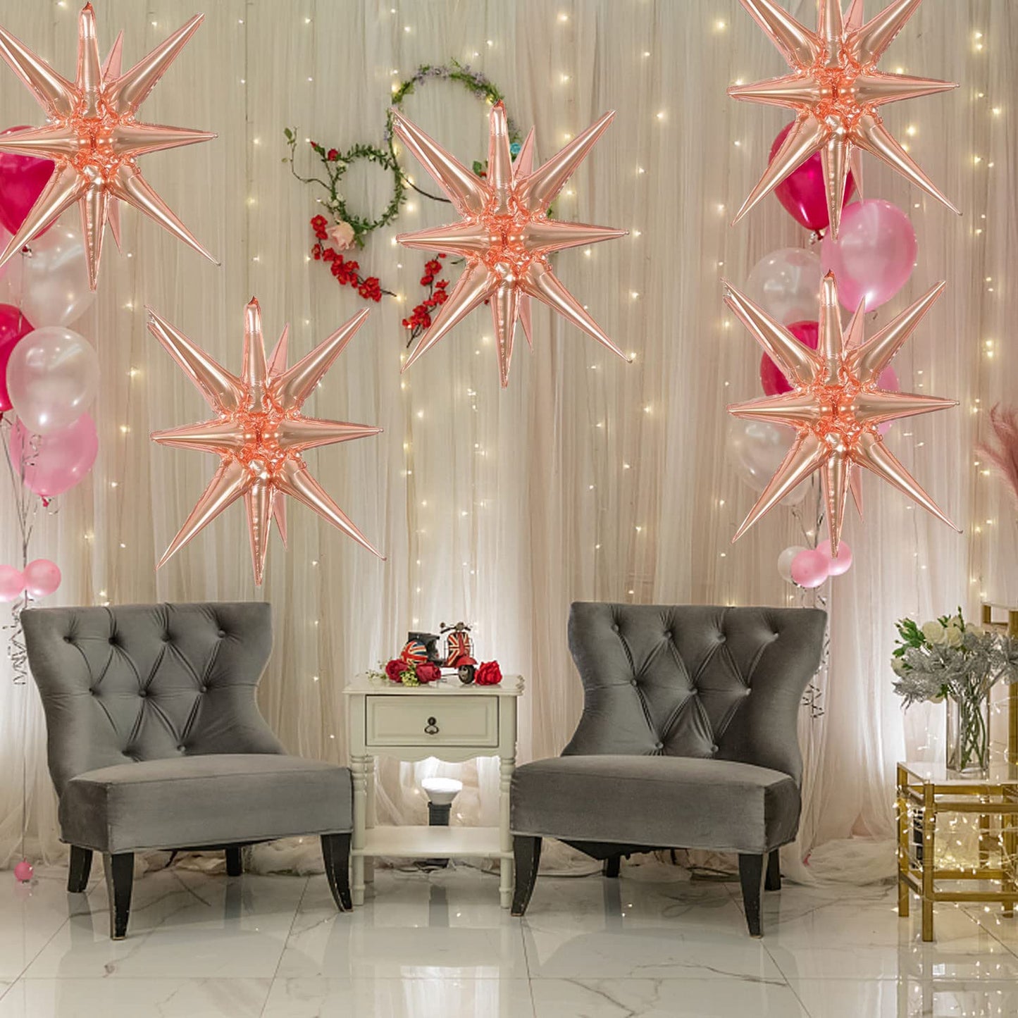 6 Pcs Rose Gold Star Foil Balloons One-Piece 14-Pointed Star Balloons 4D Starburst Cone Mylar Balloons 22Inch Christmas Birthday