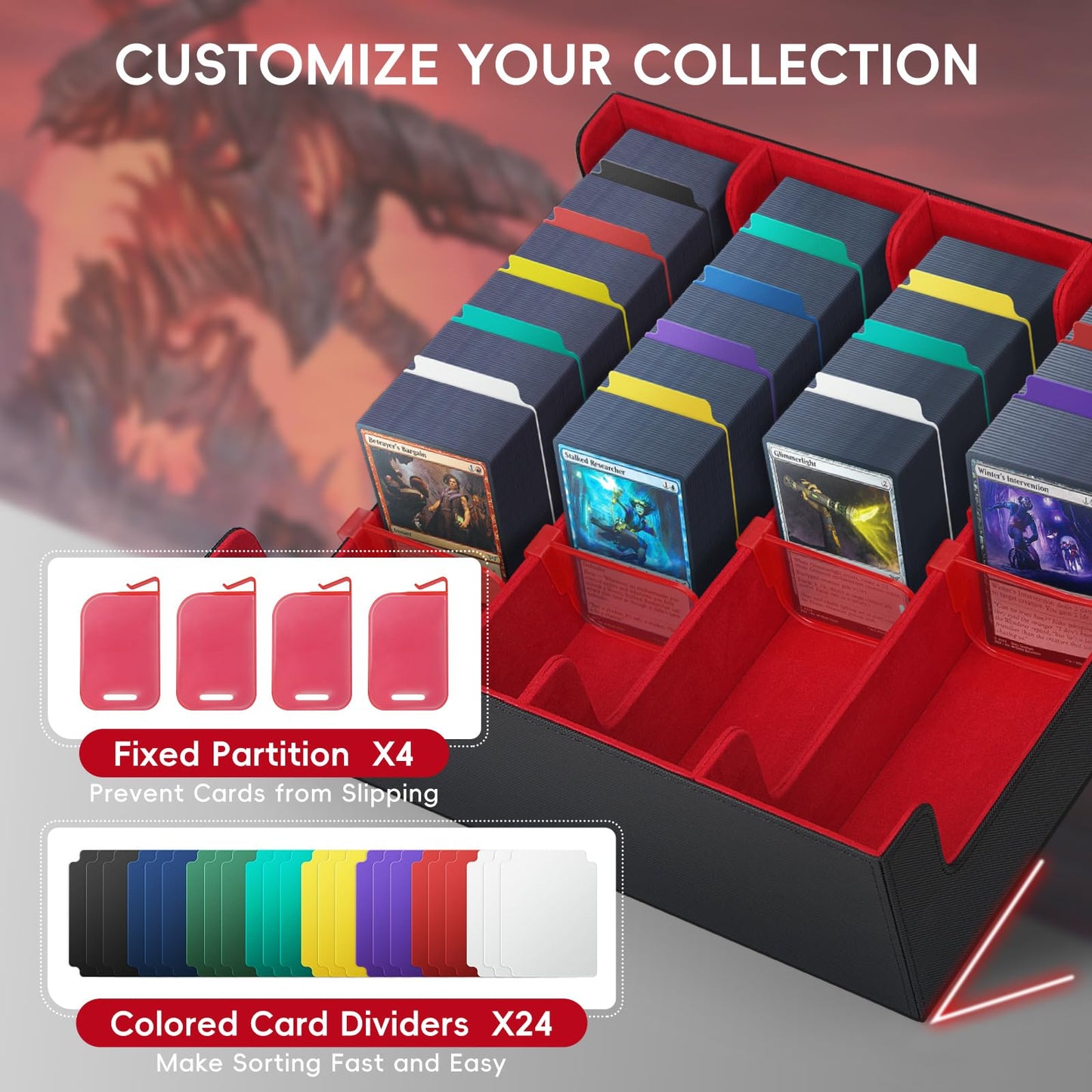 Railhorn Trading Card Storage Box - Holds 3000+ Cards  PU Leather Commander Deck Box with Magnetic Closure  24 Dividers & 4 Card Supports  4-Row Organizer for MTG  PTG  Sports Cards