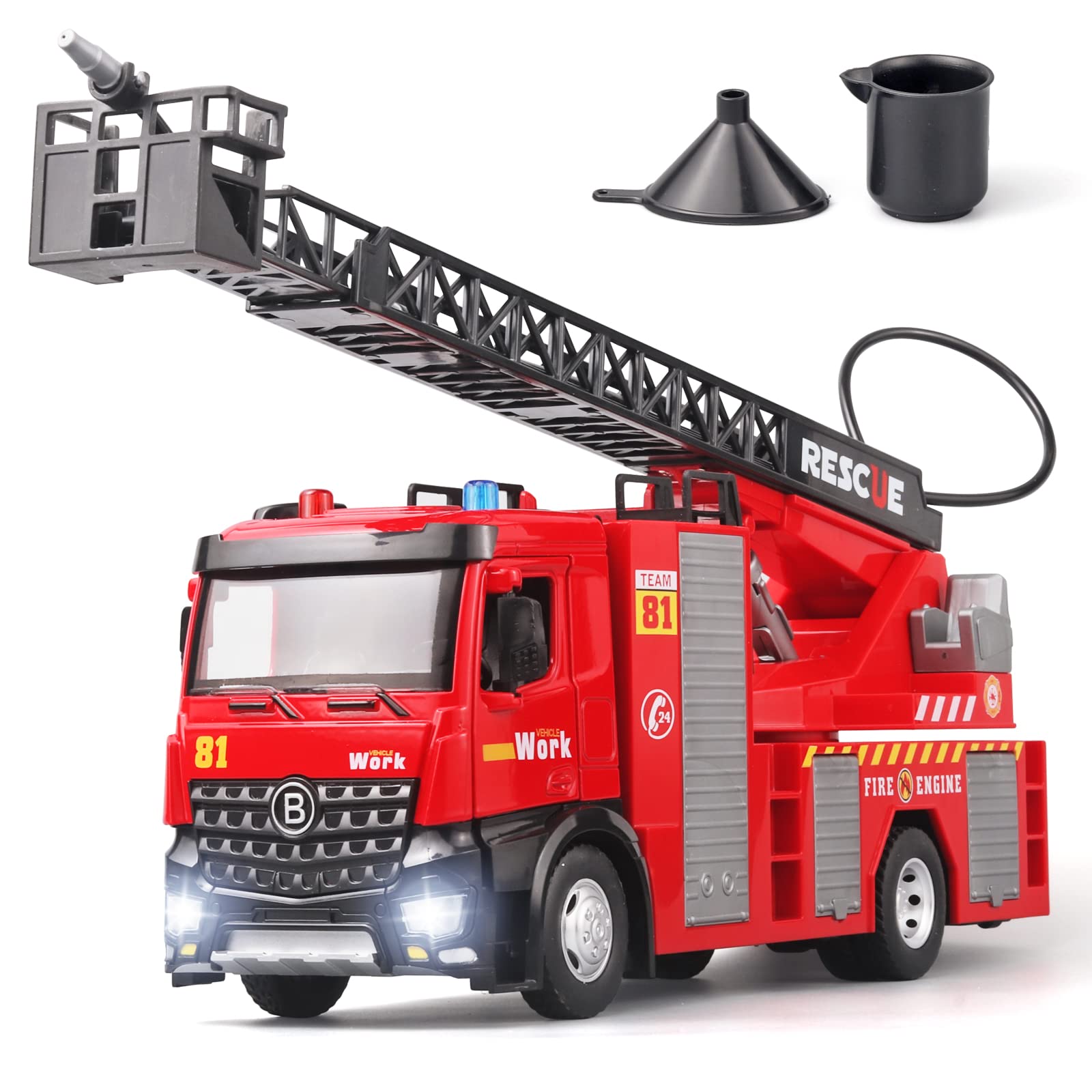 OANMYJJO Boy Fire Truck Toy - Metal DieCast Fire Truck Model with Water-Spraying, Simulated Sound and Light, Retractable Rescue 