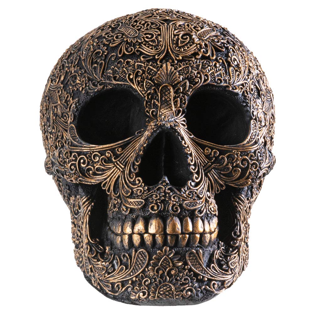 Summit Collection Black Carved Ceremonial Skull With Gothic Motif Design Skull Figurine Collectible 6.75 Inch L