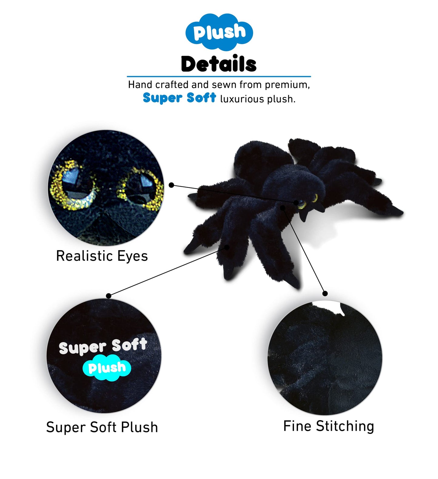 Dollibu Black Spider Plush Toy - Super Soft Spider Stuffed Animal For Boys And Girls, Cute Spider Stuffed Animal, Realistic Stuffed Spider Plush Gift, Spider Decor For Baby, Kids, Adults - 8 Inches