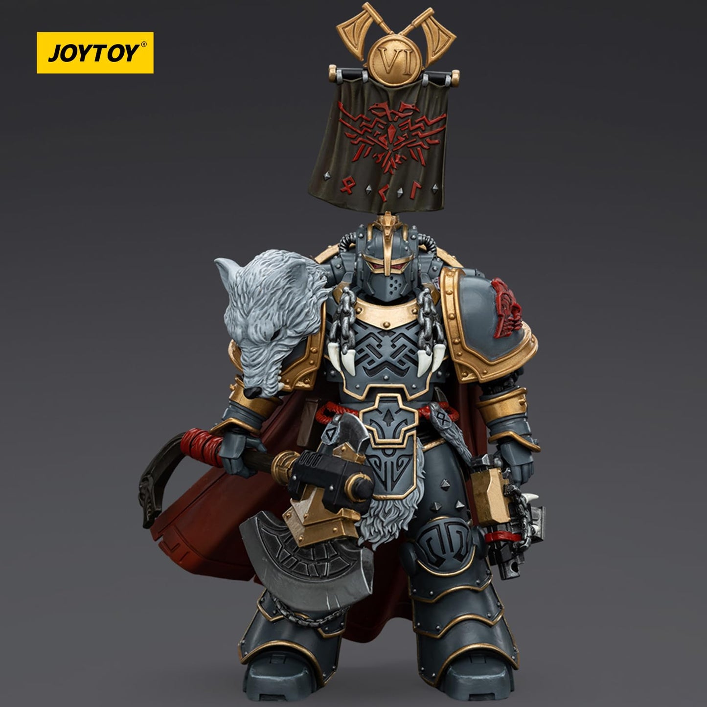 JOYTOY Warhammer 40k Space Wolves Action Figure, 1/18 Scale, Praetor with Power Axe & Shield, Mssus-00133-241226, ABS Material
