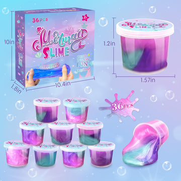 36 Pack Mermaid Slime Kit Party Favors For Kids Slime Cup Bulk Stretchy & Non-Sticky Diy Stress Relief Putty Toy Christmas Holid