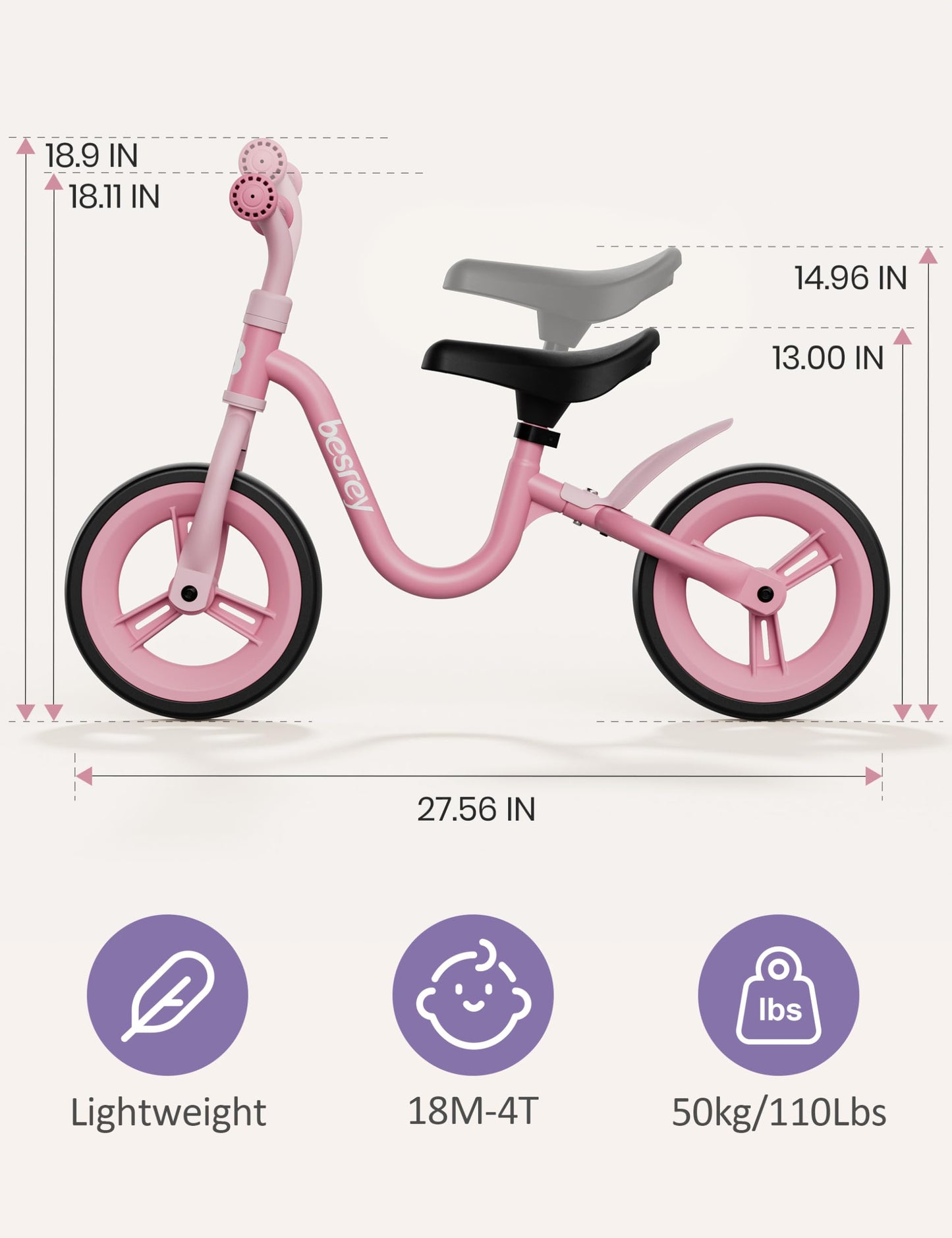 Besrey Toddler Balance Bike, Age 18 Months To 4 Years Old, No Pedal Balancing Training Bike For Kids With Adjustable Handlebar &