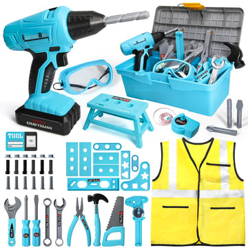 LOYO Kids Tool Set - 50 PCS Pretend Play Kids Toy Tool Box with Kids Construction Vest and Electronic Toy Drill Set for Toddlers