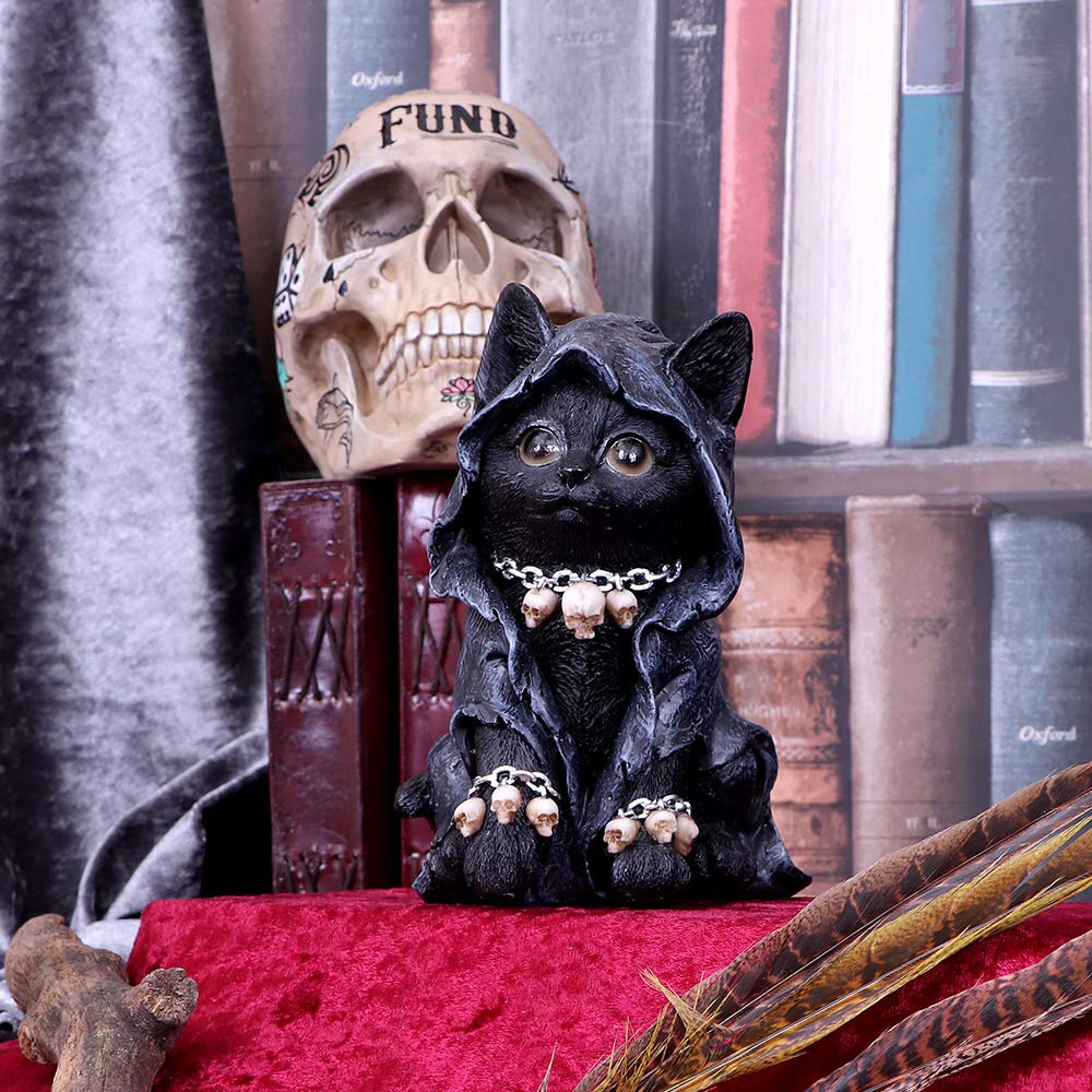 Nemesis Now Grim Reaper Cat Figurine, Hand-Painted Black Kitten With Olive Eyes And Skull Charms, Gothic Collectible Decor, 16Cm