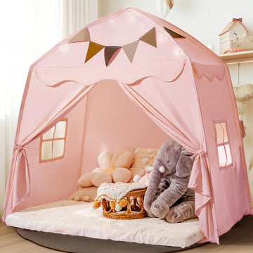 Extra Large Toddler Bed Tent & Kids Play Tent Bed Tent With Flags & Star Lights, Portable & Foldable Teepee, Indoor Outdoor Dome